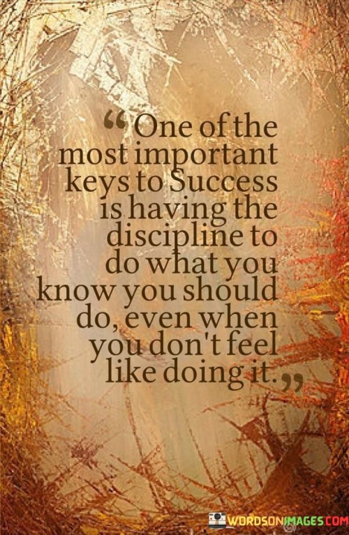 In the first paragraph, this statement highlights the significance of discipline as a key factor in achieving success. It implies that success often requires individuals to act in accordance with their long-term goals and commitments, even when faced with resistance or lack of motivation.

The second paragraph could explore the idea that discipline is not just about taking action when it's easy or convenient. It involves making choices that align with one's objectives, even when those choices require effort, sacrifice, or overcoming procrastination.

In summary, this statement emphasizes that success is closely tied to one's ability to maintain discipline and consistency in their actions. It acknowledges that success is not always about doing what feels comfortable but rather about doing what is necessary to reach one's goals, even when it requires self-control and persistence.