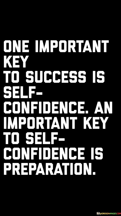 In the first paragraph, it highlights the importance of self-confidence as a key factor in success. Self-confidence is the belief in one's abilities and the assurance that they can accomplish their goals. Without self-confidence, individuals may doubt their capabilities and hesitate to take action, which can hinder their progress toward success.

The second paragraph emphasizes that preparation is a vital component of building self-confidence. When individuals prepare thoroughly for their endeavors, whether it's in education, career, or any other aspect of life, they become more knowledgeable and skilled in their chosen field. This preparation not only enhances their abilities but also boosts their self-confidence because they are better equipped to handle challenges and uncertainties.

In summary, this quote conveys that self-confidence and preparation are intertwined and essential for success. Self-confidence provides the belief in oneself, while preparation equips individuals with the knowledge and skills needed to succeed. Together, they form a powerful combination that empowers individuals to pursue their goals with determination and achieve success in their endeavors.