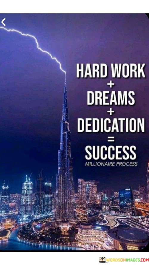 This equation succinctly summarizes the ingredients often associated with achieving success. In the first 50 words, it acknowledges that "Hard Work" is a fundamental component of success, emphasizing that consistent effort and determination are necessary.

The next 50 words introduce "Dreams" and "Dedication" as additional elements. This suggests that having a clear vision or ambition (Dreams) and unwavering commitment (Dedication) are essential for achieving one's goals.

In the final 50 words, the equation concludes that when you combine these elements, the result is "Success." This implies that success is not solely about luck or talent but rather a product of hard work, driven by a vision and sustained by dedication. Overall, it highlights the importance of a holistic approach to achieving one's aspirations.