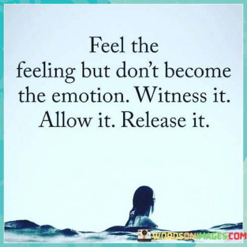 The quote emphasizes emotional awareness and management. "Feel the feeling" encourages acknowledging emotions. "Don't become the emotion" advises against being consumed by them. "Witness it, allow it, release it" suggests a mindful approach to processing emotions, advocating for healthy emotional expression and release.

The quote underscores the importance of emotional intelligence. It highlights the idea that it's natural to feel various emotions but crucial not to let them control one's actions. "Witness it" signifies observing emotions without judgment, allowing a deeper understanding of oneself.

In essence, the quote speaks to emotional resilience and self-regulation. It conveys the idea that it's essential to embrace and understand emotions but not let them overpower reason and action. The quote promotes a mindful approach to handling emotions, emphasizing the power of self-awareness and emotional release for mental well-being.