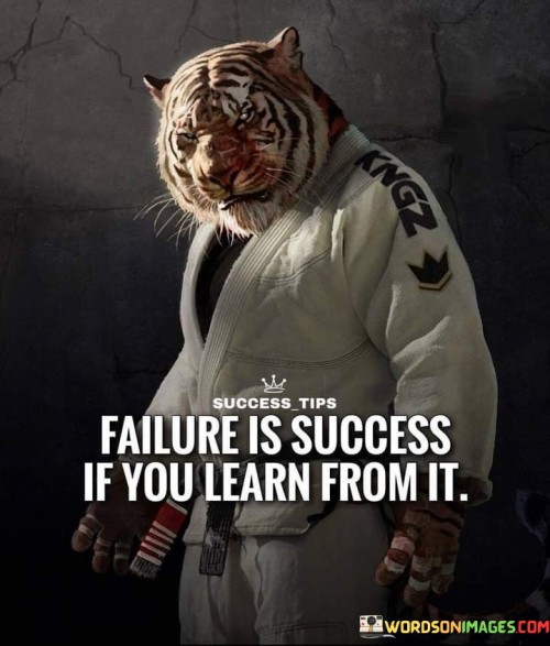 This quote conveys the idea that failure can be a stepping stone to success when we use it as an opportunity for learning and growth. In the first 40 words, it suggests that failure, when approached with a learning mindset, can lead to valuable insights and ultimately contribute to achieving success.

The next 40 words underscore the importance of embracing failure as a teacher. It implies that success is not about avoiding mistakes but about understanding and applying the lessons learned from those mistakes. This perspective encourages individuals to view setbacks as a necessary part of the journey to success.

In the final 40 words, the quote motivates individuals to adopt a resilient attitude, reminding us that failure should not deter us but inspire us to improve and make progress. It encourages a positive outlook on challenges, emphasizing that every failure can be a stepping stone toward eventual success when we extract knowledge and apply it to future endeavors.