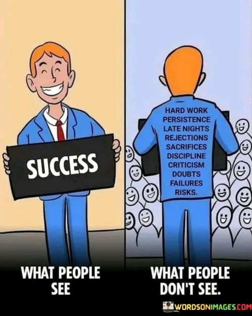 This statement beautifully illustrates the hidden aspects of success, shedding light on the behind-the-scenes effort and personal challenges that often go unnoticed. In the first part, it acknowledges that success is often associated with external achievements and recognition.

The statement then delves into the inner journey of success, highlighting the grit and determination required. It mentions hard work, late nights, rejection, sacrifices, discipline, criticism, doubts, failure, and risks. These are the less visible but crucial elements that pave the path to success.

Overall, this statement emphasizes that true success is not just about what is visible to others but also about the resilience, perseverance, and personal growth that occur within individuals during their pursuit of their goals. It underscores the importance of recognizing and appreciating the hard work and challenges that underlie every success story.