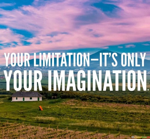 This quote is a motivational statement that encourages individuals to break free from self-imposed limitations. It asserts that the only thing constraining a person's potential is their imagination, implying that many limitations are products of one's own thoughts and beliefs.

In essence, the quote suggests that if you can imagine yourself achieving something or surpassing a limitation, then you have the capacity to make it a reality. It underscores the power of positive thinking and self-belief in overcoming challenges and reaching your full potential.

In summary, this quote serves as a reminder that often, the biggest barriers to success are the limitations we create in our minds. It encourages individuals to challenge their self-imposed constraints and to recognize the vast possibilities that exist when they harness the power of their imagination and belief in themselves.